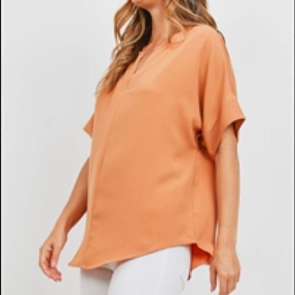 Zena Butter Orange Woven Neck Short Sleeve Top - Picture 2 of 6